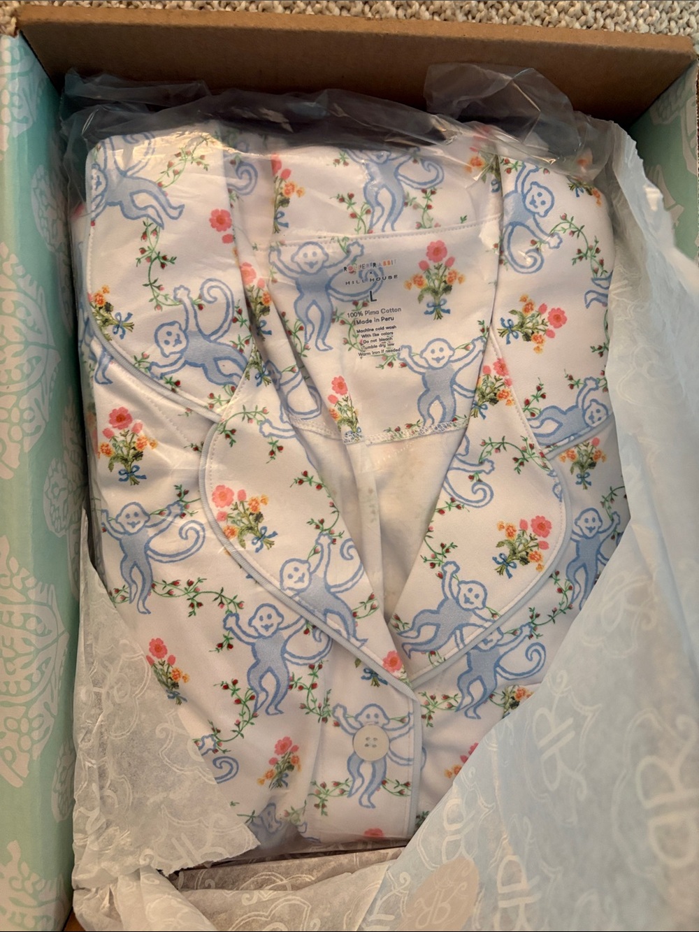 Roller Rabbit Floral Monkey Trellis Long Sleeve Polo Pajamas Size LBLUE / L - Picture 5 of 5